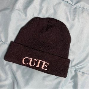 Black beanie with “cute” embroidery
